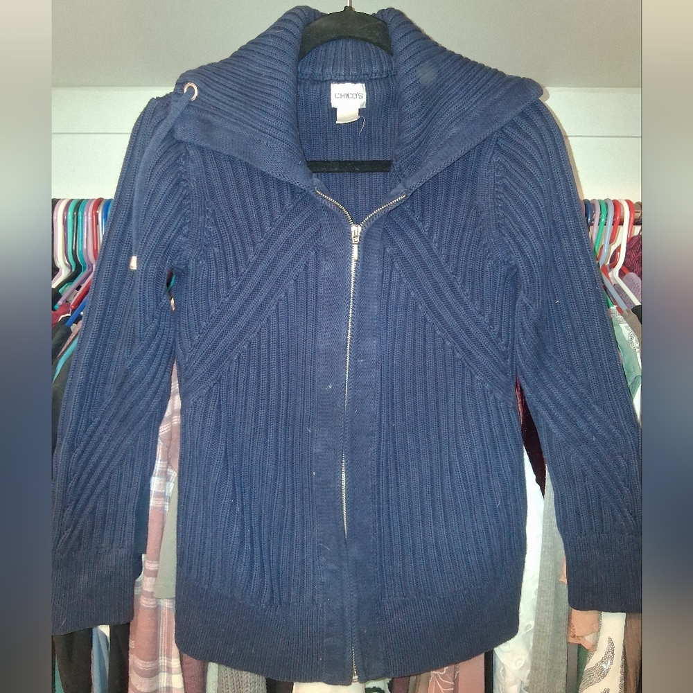 Chico's Deep Blue Ribbed Sweater with Zipper